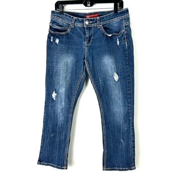 Red Rivet Womens Cropped Size 11 Blue Jeans Thick Stitch Distressed Straight E3 - Picture 2 of 11